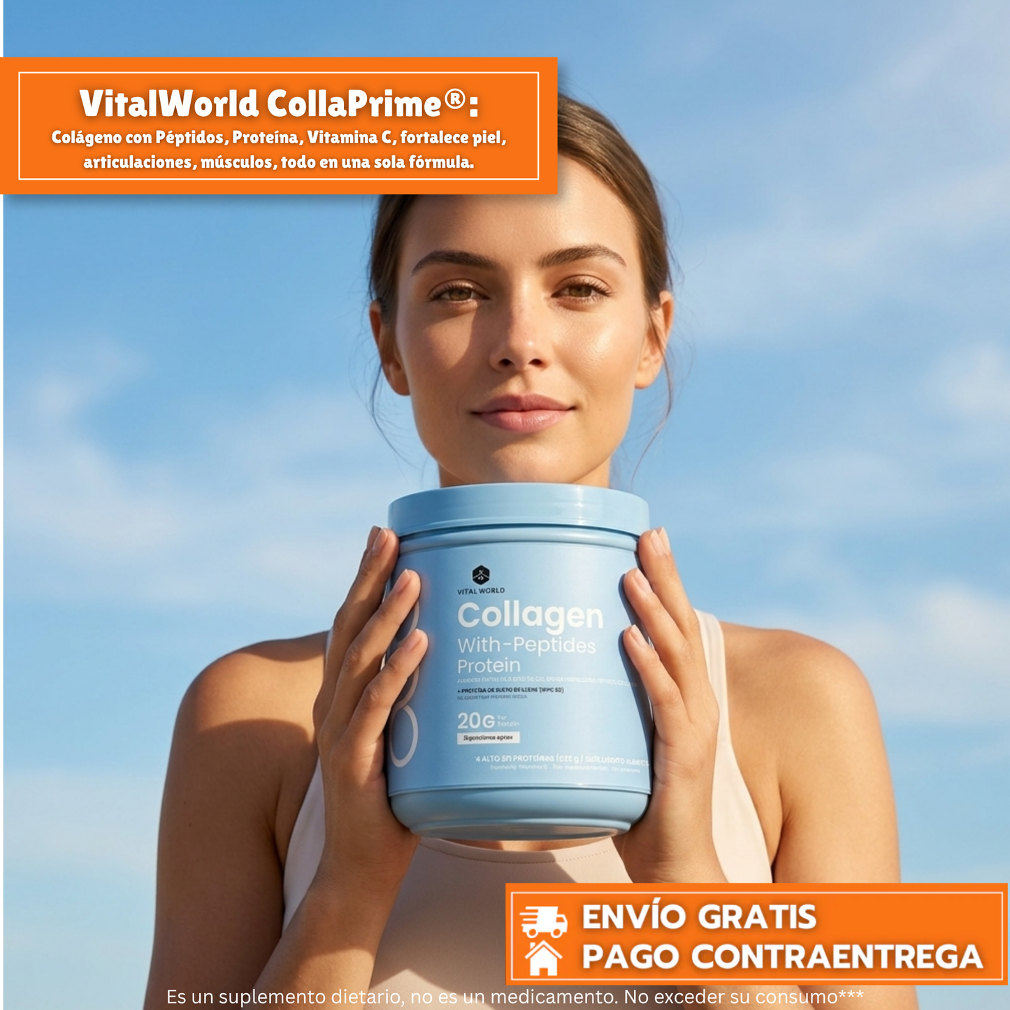 VitalWorld CollaPrime™: Colágeno con Péptidos, Proteína WPC 80 y Vitamina C que ayuda a fortalecer la piel, las articulaciones y los músculos, todo en una sola fórmula.