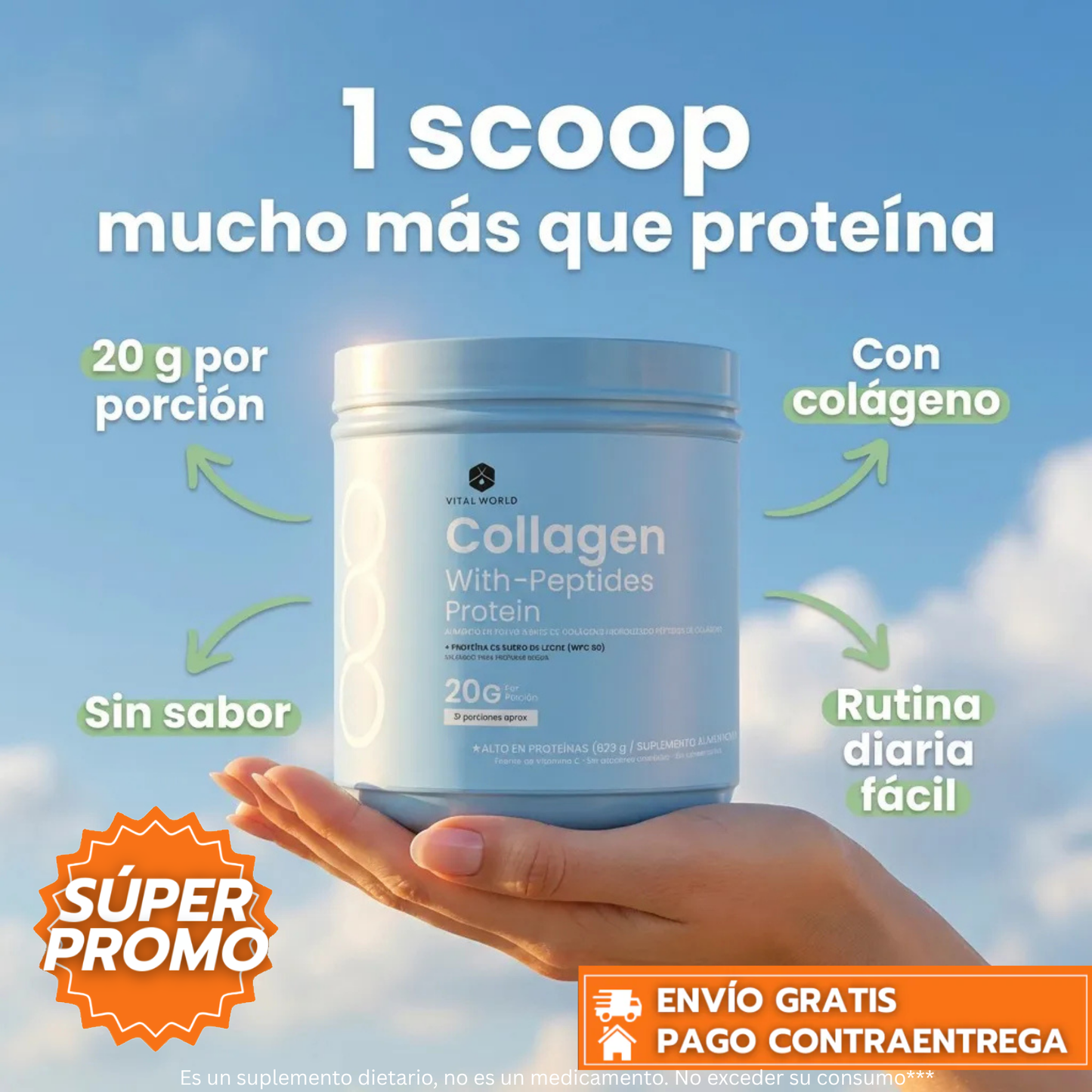 VitalWorld CollaPrime™: Colágeno con Péptidos, Proteína WPC 80 y Vitamina C que ayuda a fortalecer la piel, las articulaciones y los músculos, todo en una sola fórmula.