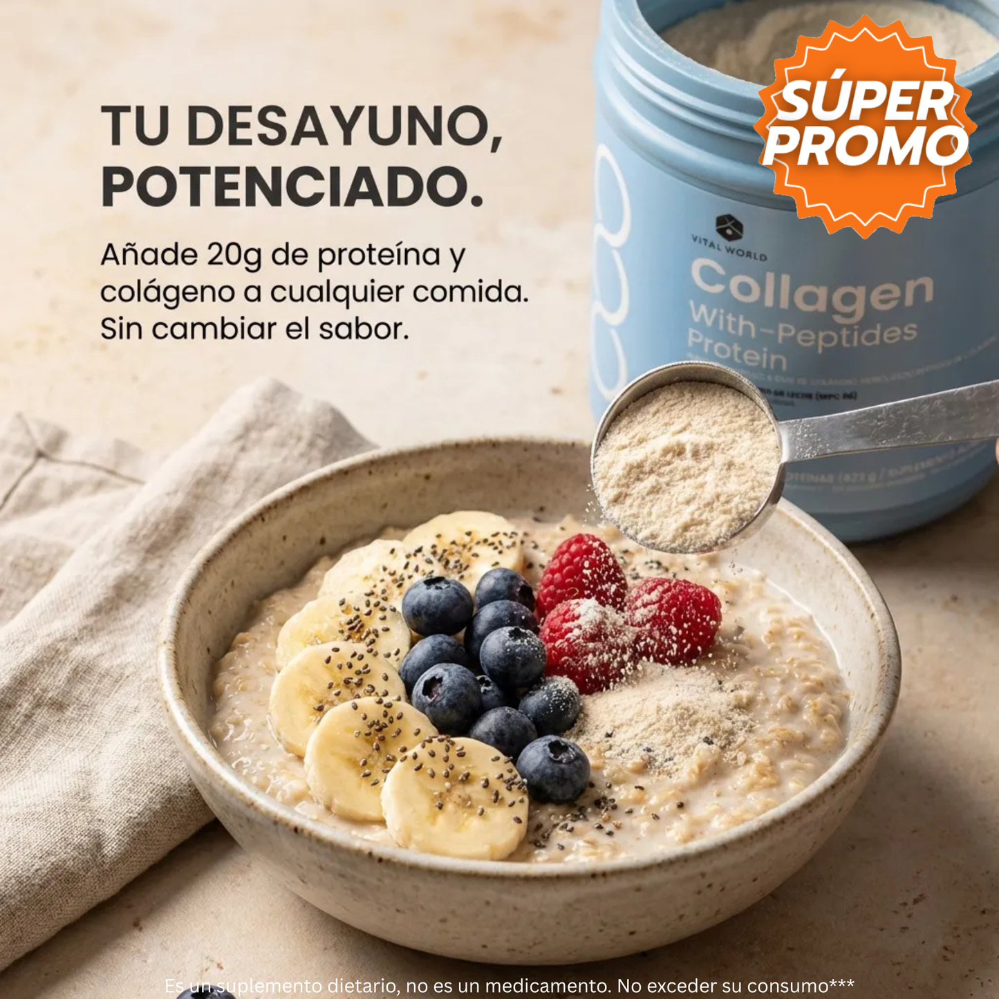 VitalWorld CollaPrime™: Colágeno con Péptidos, Proteína WPC 80 y Vitamina C que ayuda a fortalecer la piel, las articulaciones y los músculos, todo en una sola fórmula.